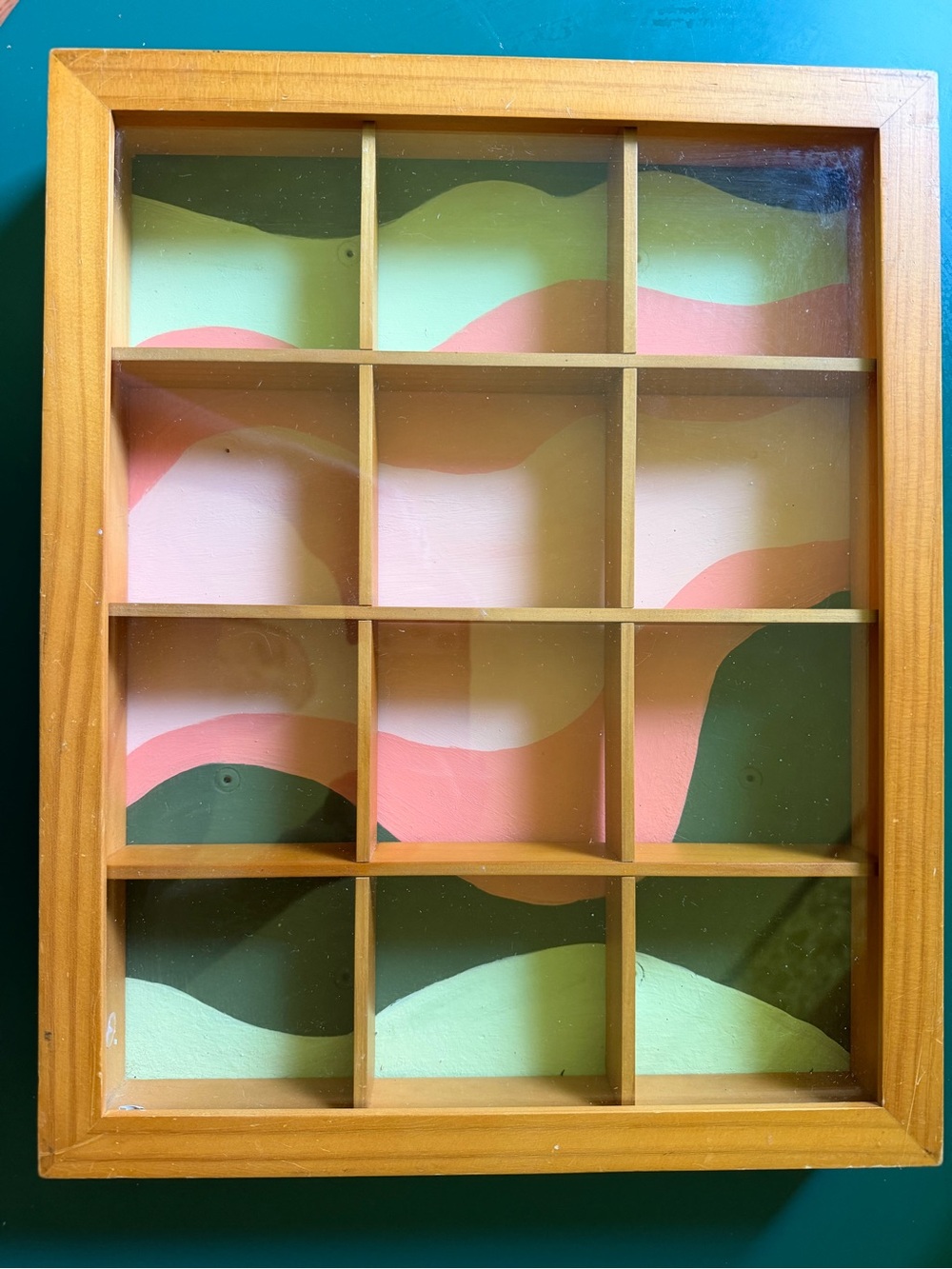 Upcycled wooden shadow box with Green, Pink & Cream Wave Backing - Picture 3 of 3